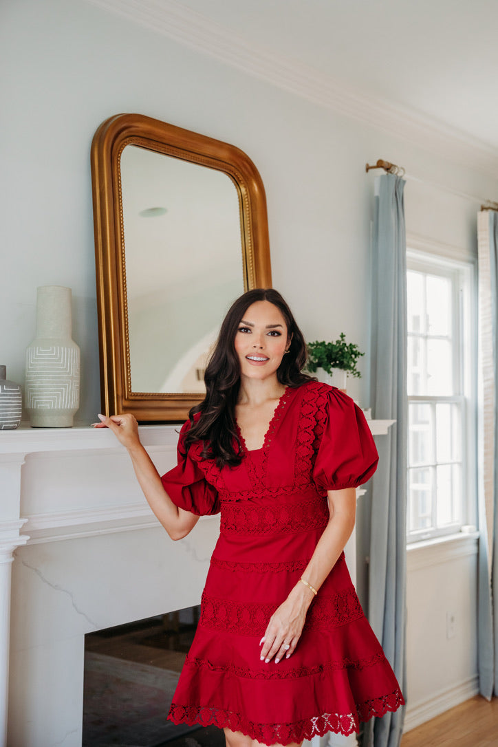 Solid Lace Trim Vneck Puff Sleeve Dress Shop Karlie Solid Lace Trim Vneck Puff Sleeve Dress Shop Karlie