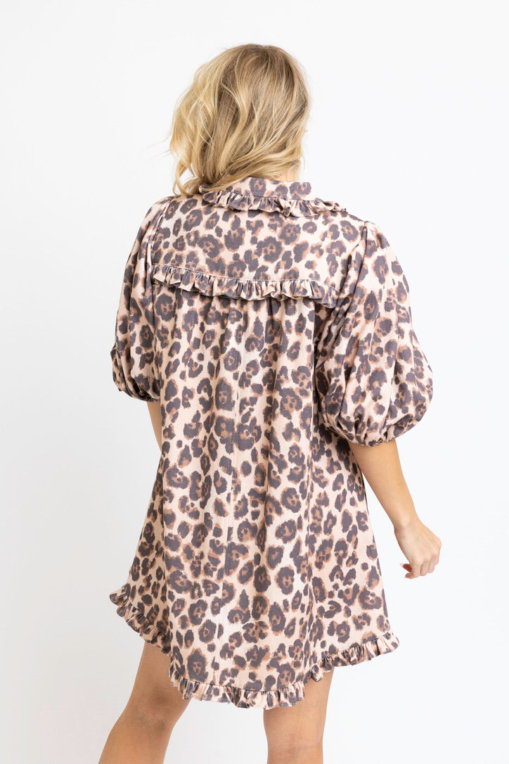 Leopard Denim Puff Sleeve Ruffle Pocket Dress