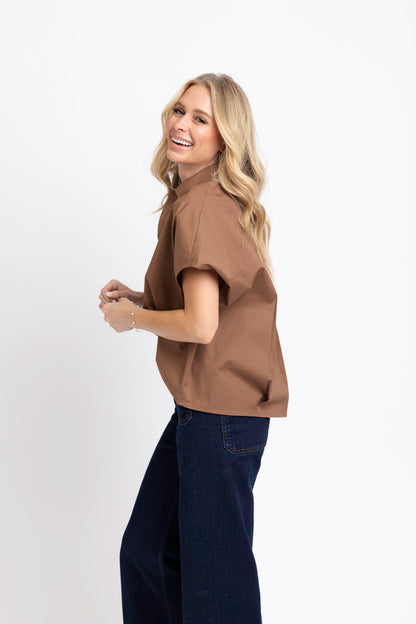 Solid Poplin Collar Vneck Top