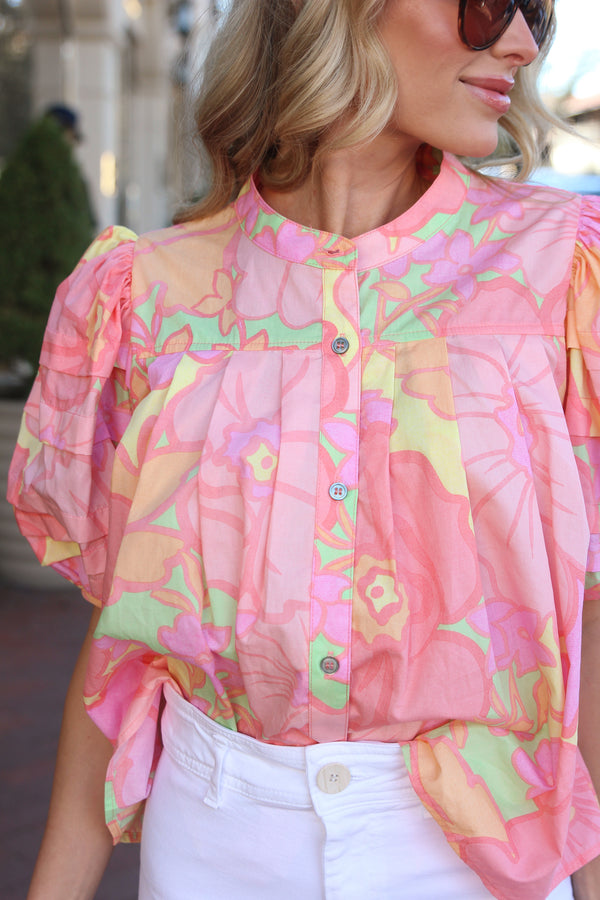 Big Floral Pastel Pleat Sleeve Top