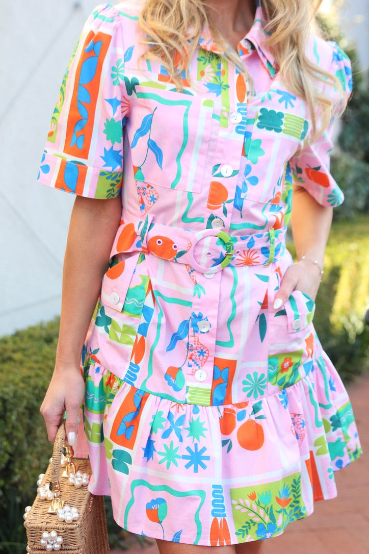 Floral Frame Shirt Dress with Belt