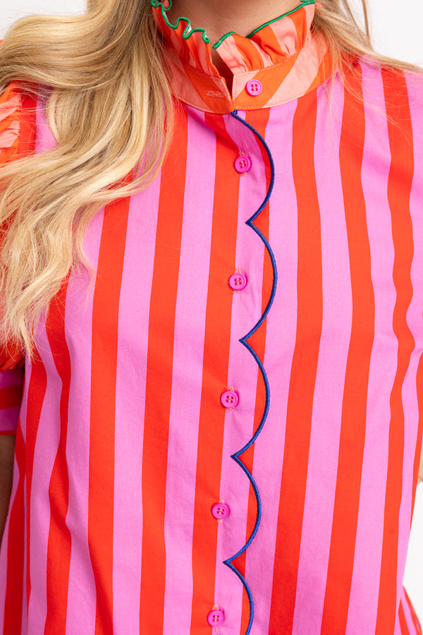 Stripe Color Block Ruffle Neck Dress