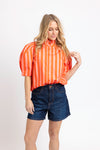 Stripe Button Up Ruffle Neck Top