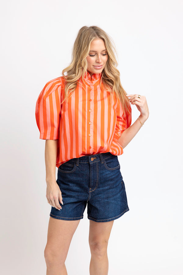 Stripe Button Up Ruffle Neck Top