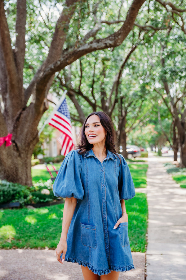 blue jean ruffle dress Ruffle Denim Dress Denim / SMALL