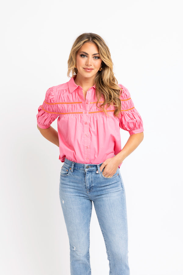 Solid Contrast Trim Poplin Top