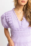 Solid Lace Trim Puff Sleeve Dress