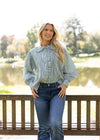 Stripe Pleat Ruffle Trim Top
