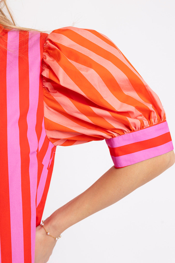 Stripe Color Block Ruffle Neck Dress