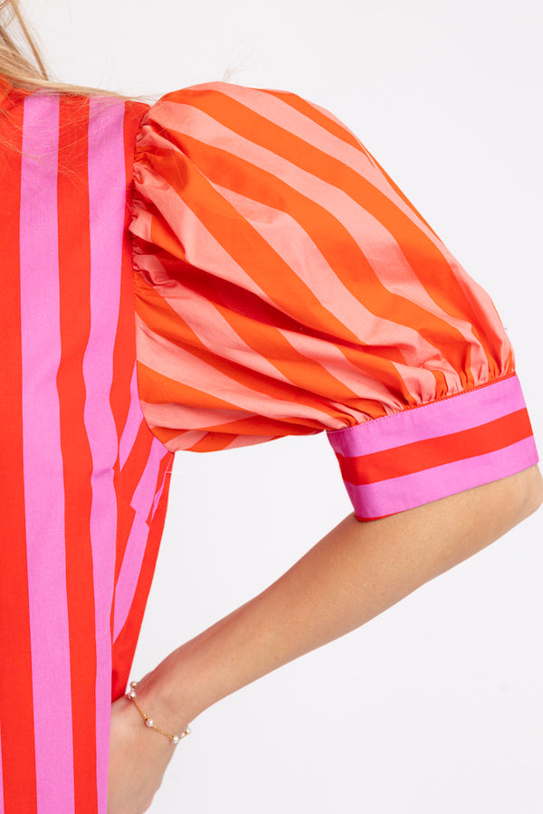 Stripe Color Block Ruffle Neck Dress