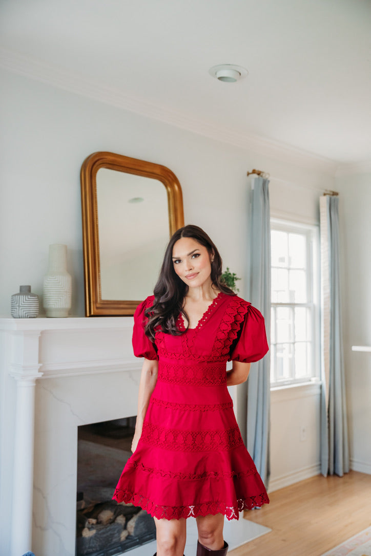 Solid Lace Trim Vneck Puff Sleeve Dress Shop Karlie Solid Lace Trim Vneck Puff Sleeve Dress Shop Karlie