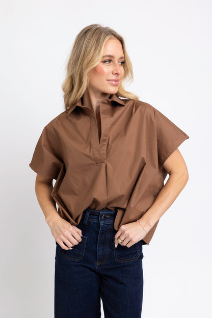 Solid Poplin Collar Vneck Top