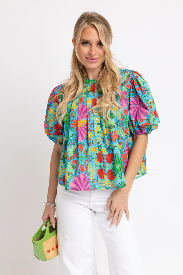 Tropical Pleat Sleeve Top