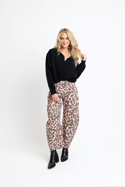 Leopard Denim Barrel Leg Jeans