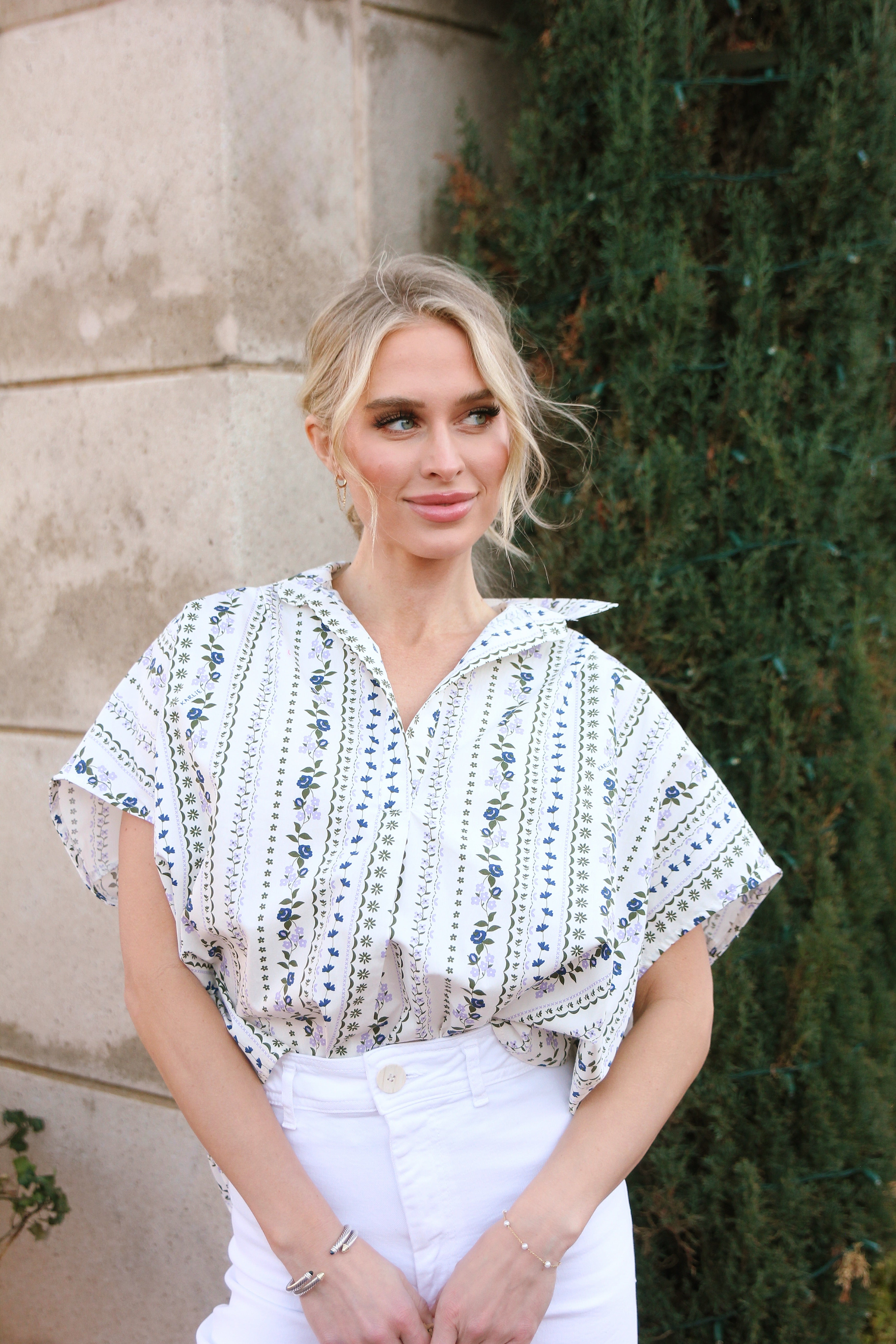 French Floral Signature Vneck Collar Top