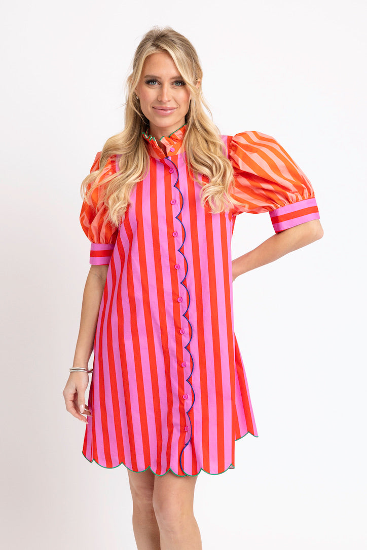 Stripe Color Block Ruffle Neck Dress