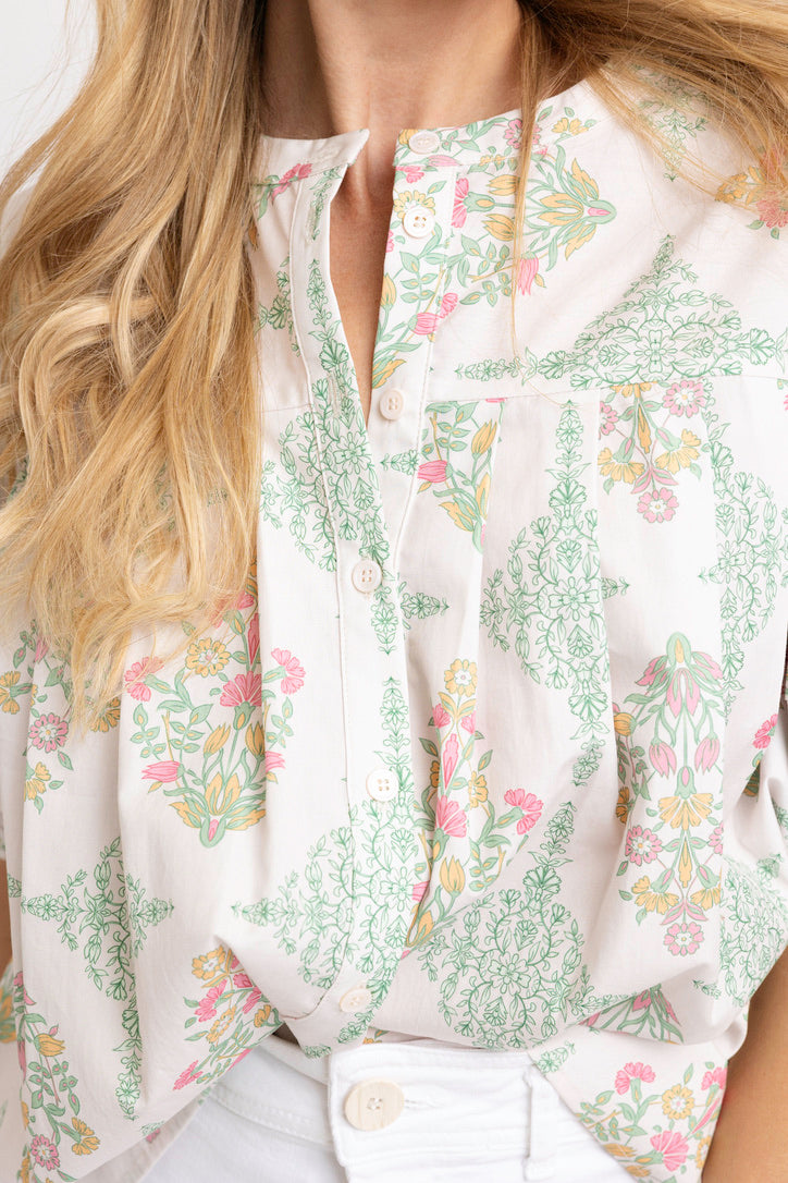 Vintage Floral Pleat Sleeve Top