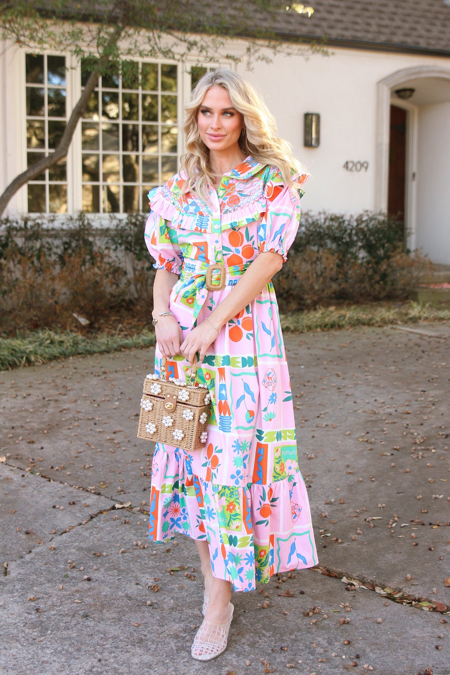 Floral Frame Stitch Peter Pan Maxi Dress