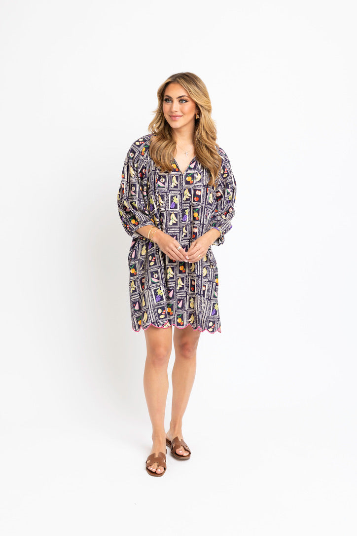 Italian Fruit Vneck Scallop Dress