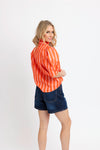 Stripe Button Up Ruffle Neck Top