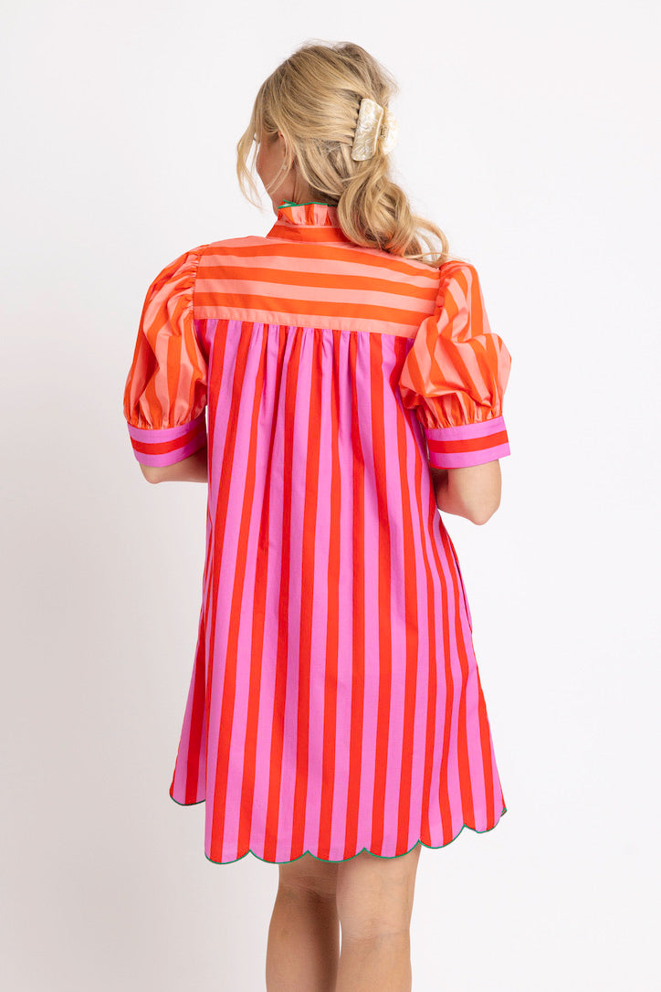 Stripe Color Block Ruffle Neck Dress