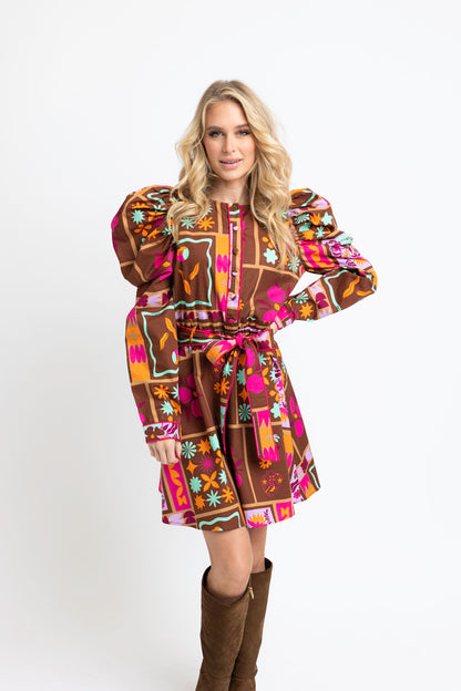 Floral Frame Puff Sleeve Shirt Dress with Tie