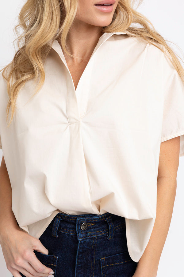 Solid Poplin Collar Vneck Top
