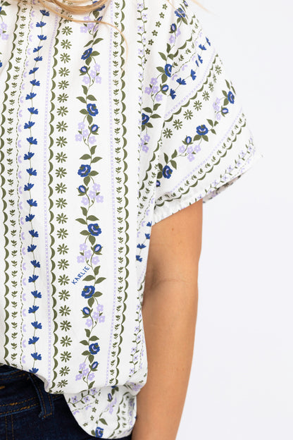 French Floral Signature Vneck Collar Top