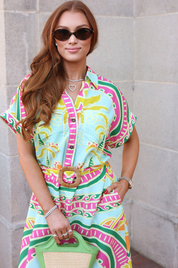 Palm Beach Shirt Dress Maxi w/ Belt
