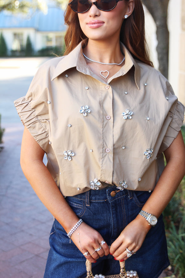 Solid Poplin Jeweled Top