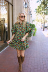 Floral Puff Sleeve Ruffle Pocket Dress