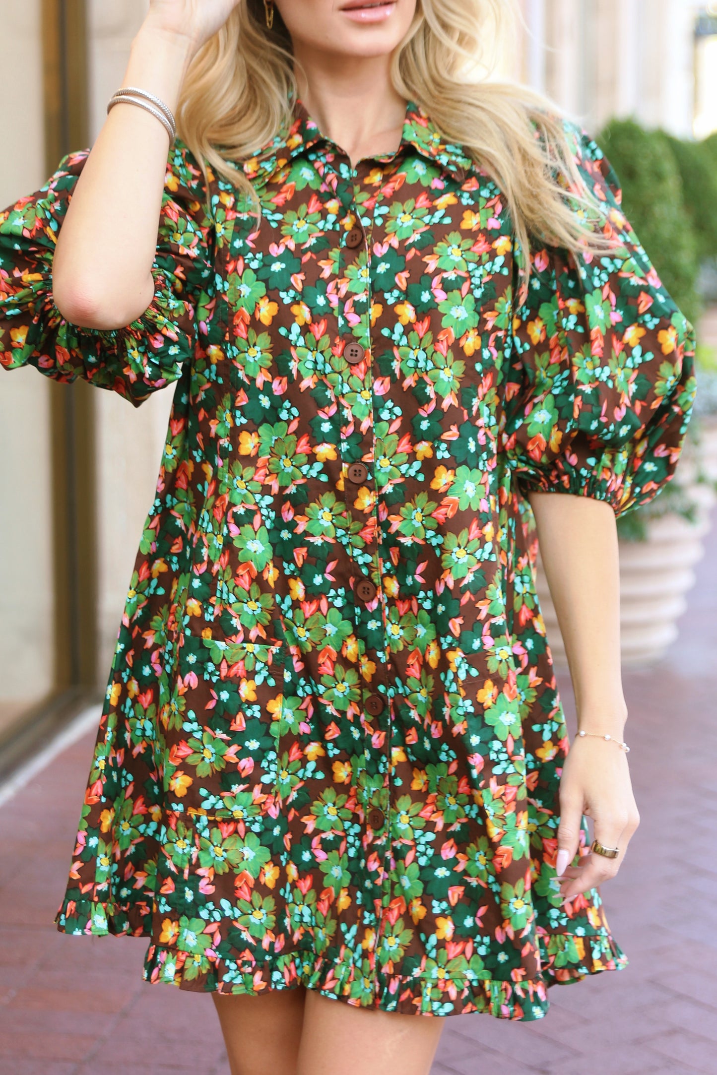 Floral Puff Sleeve Ruffle Pocket Dress