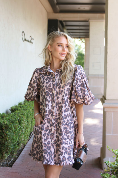 Leopard Denim Puff Sleeve Ruffle Pocket Dress