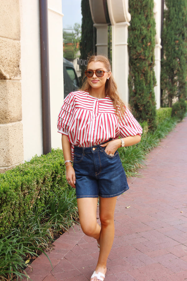 Stripe "America" Pleat Sleeve Top