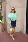 Seersucker Stripe Pleat Sleeve Top