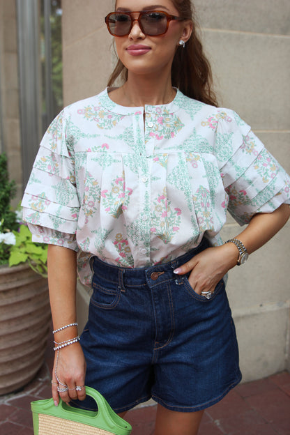 Vintage Floral Pleat Sleeve Top