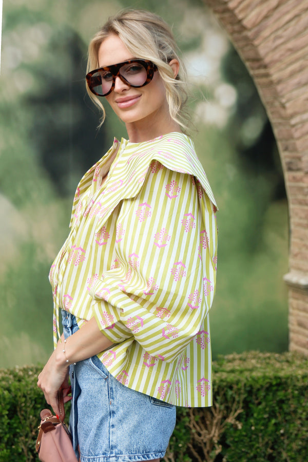 Stripe Floral Big Collar Novelty Top