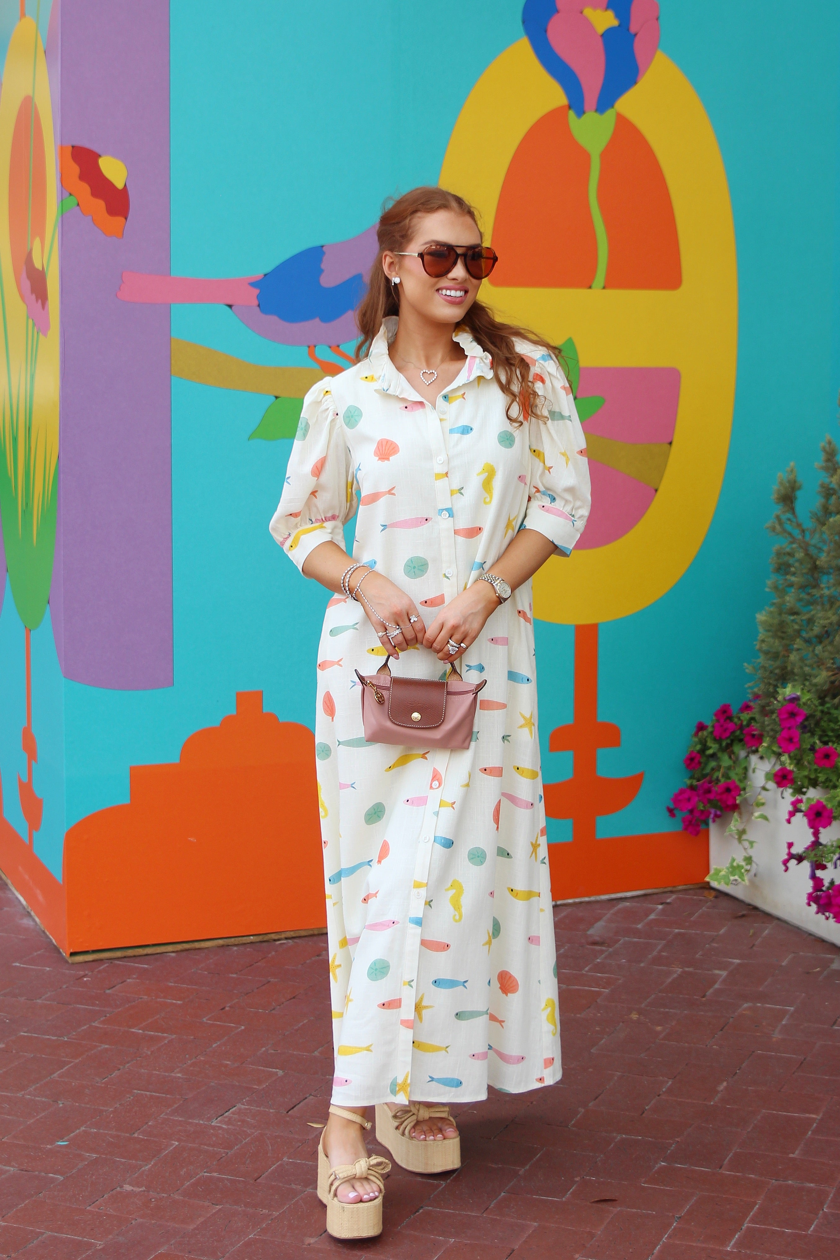 Multi Fish Ruffle Neck Maxi Dress