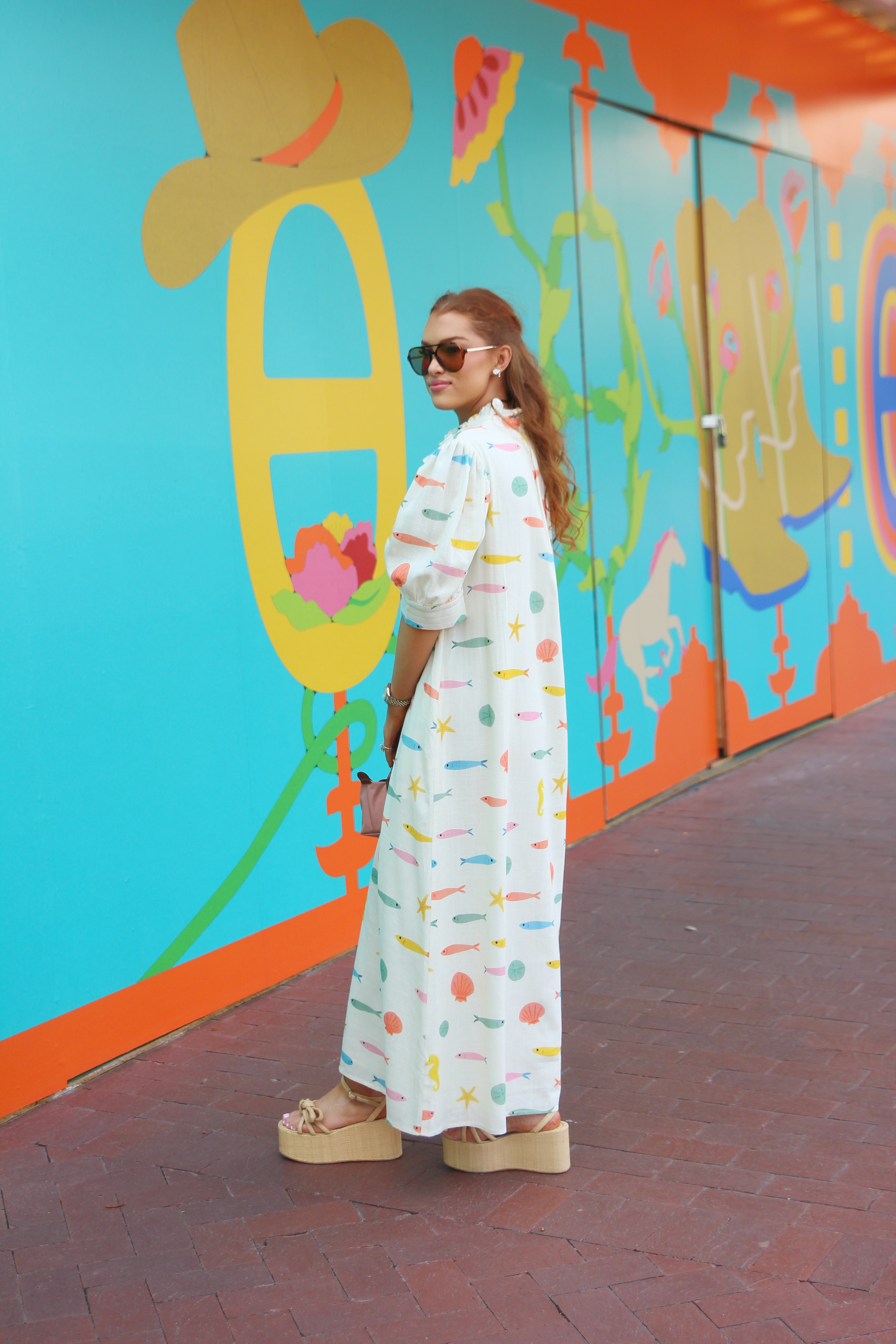 Multi Fish Ruffle Neck Maxi Dress