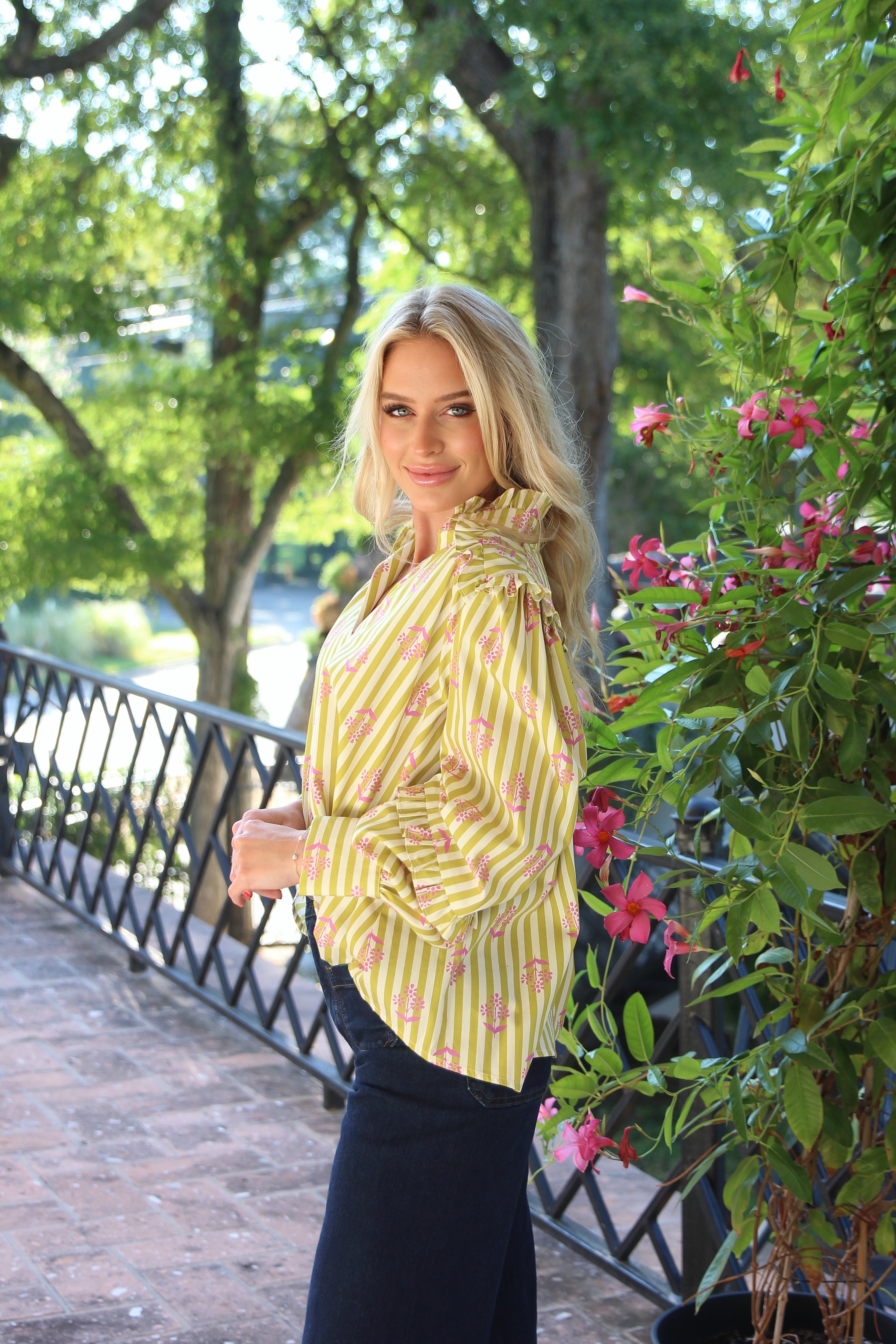 Stripe Floral Vneck Ruffle Top