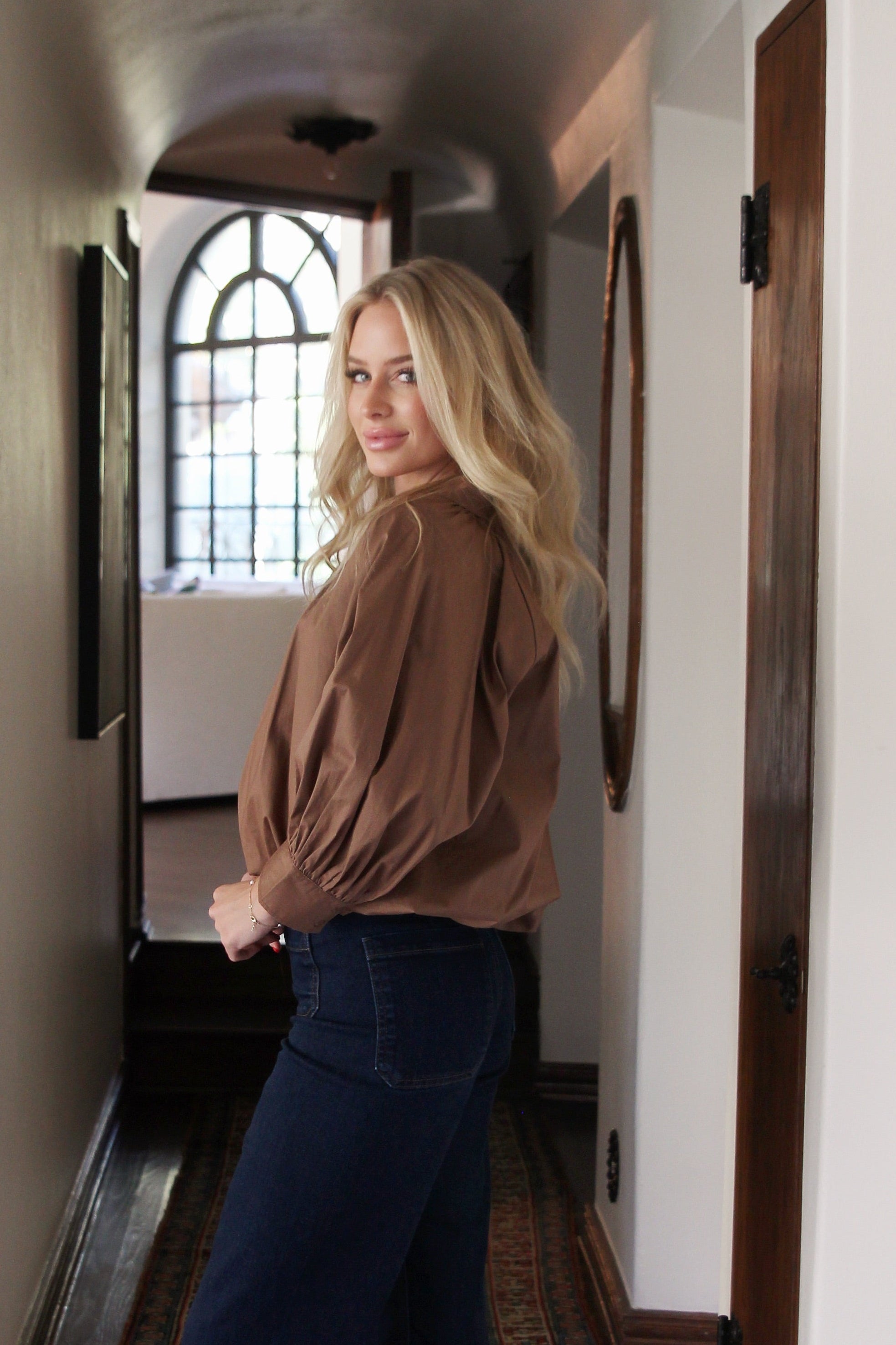 Solid Poplin 3/4 Sleeve Bubble Top