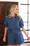 Denim Puff Sleeve Button Top