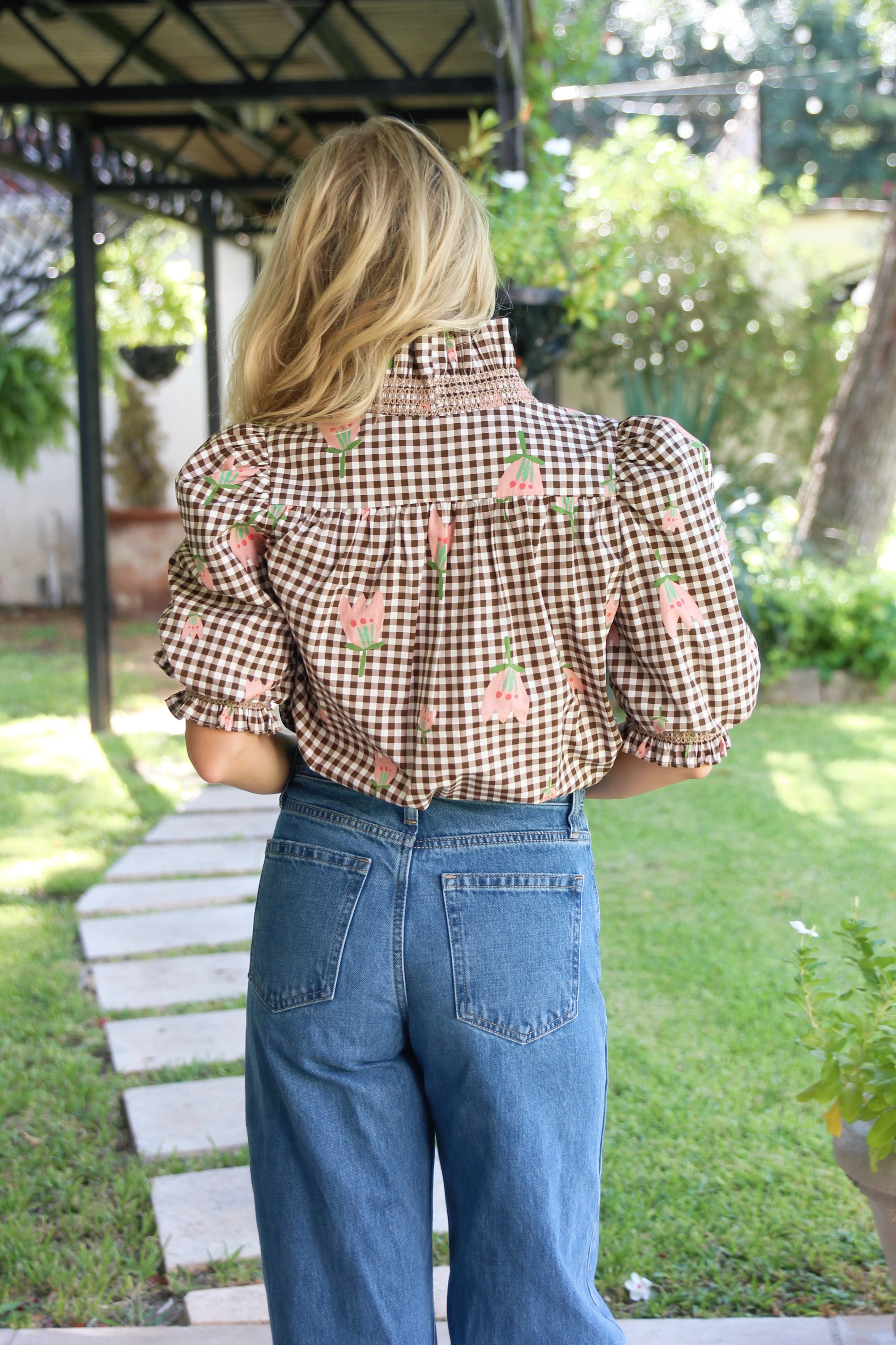 Check Poppy Ruffle Puff Sleeve Top