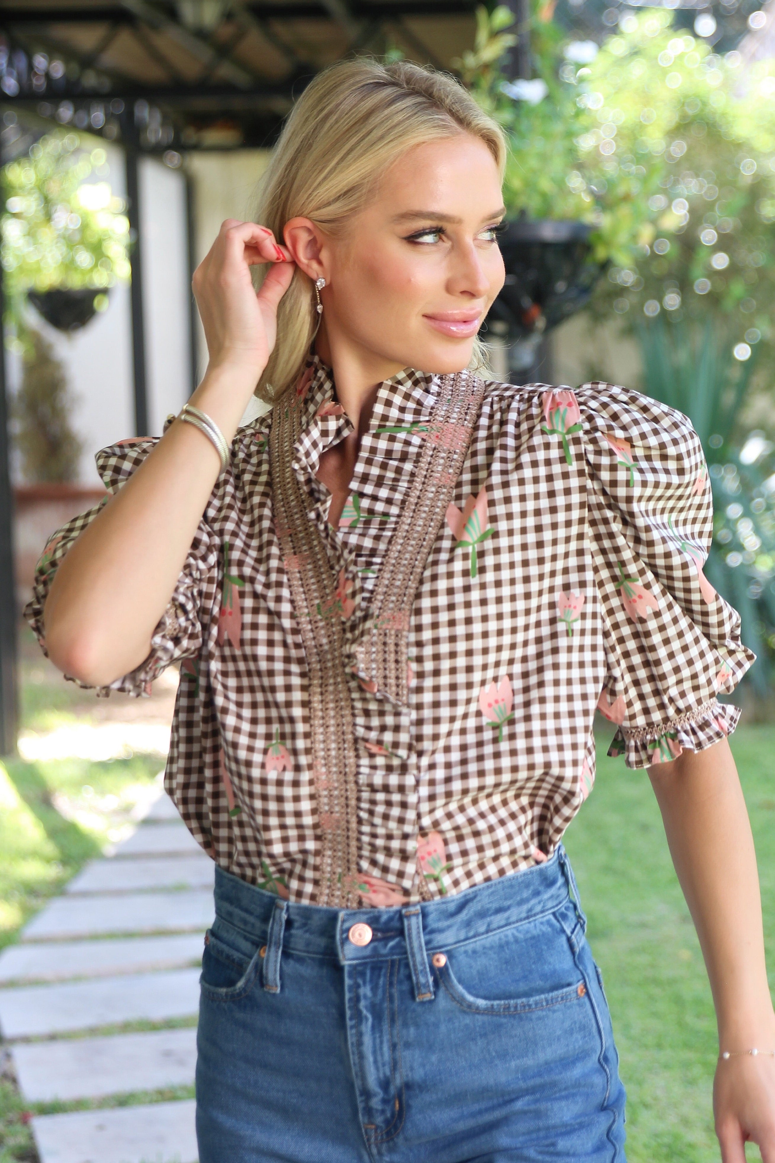 Check Poppy Ruffle Puff Sleeve Top