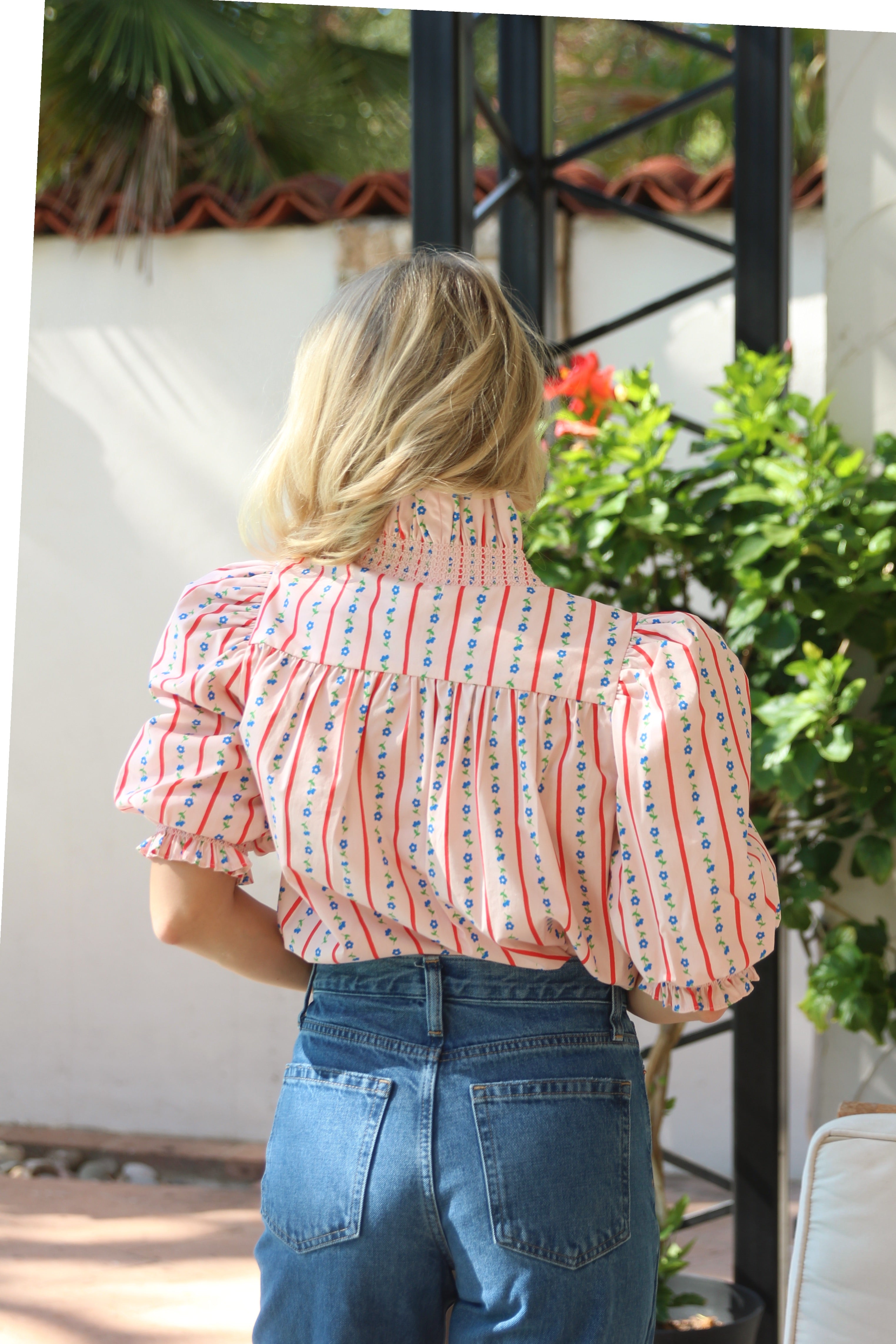 Floral Ditzy Stripe Ruffle Puff Sleeve Top