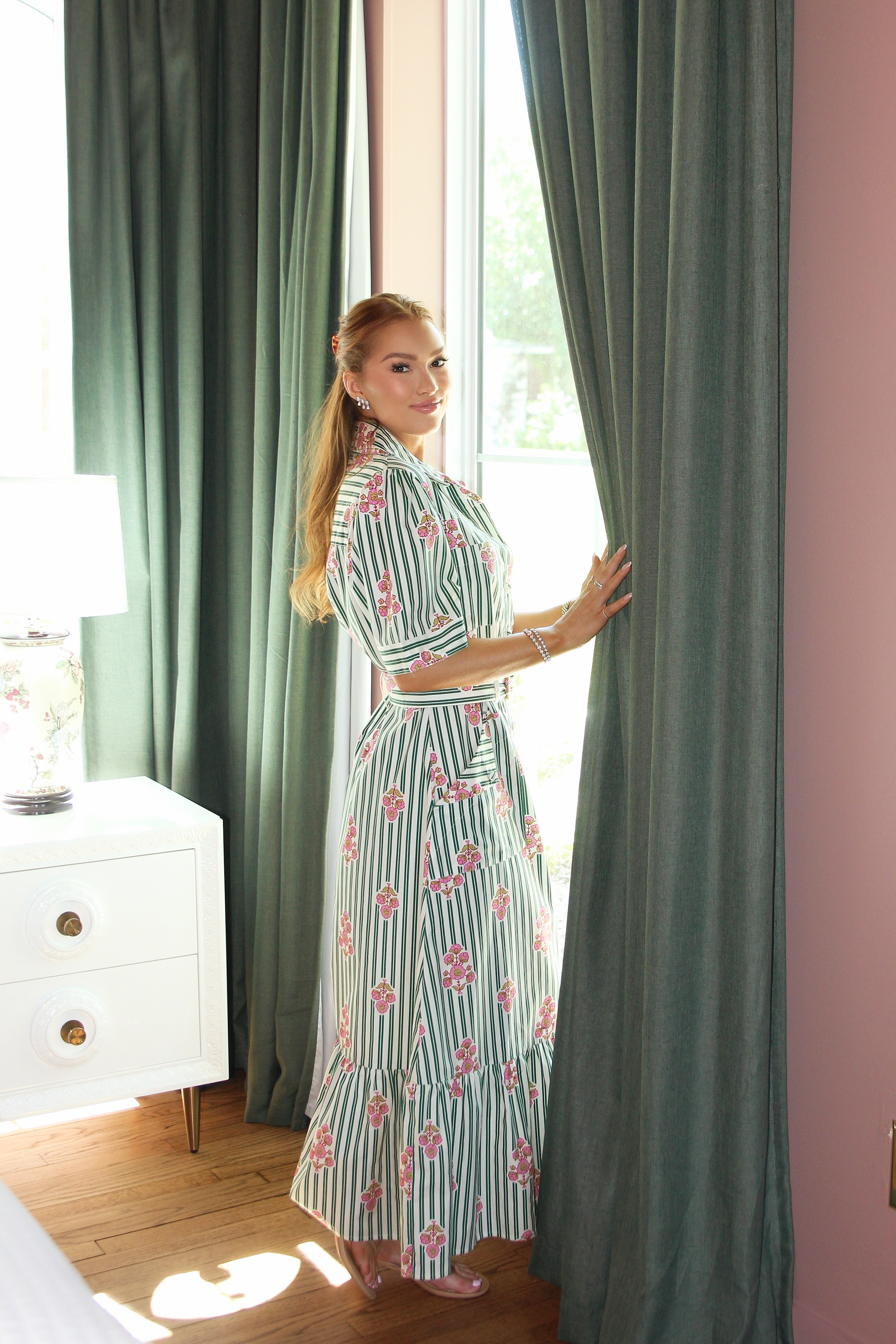 Stripe Floral Belt Maxi Dress