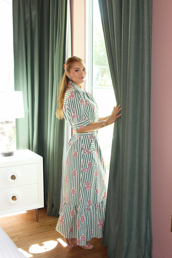 Stripe Floral Belt Maxi Dress
