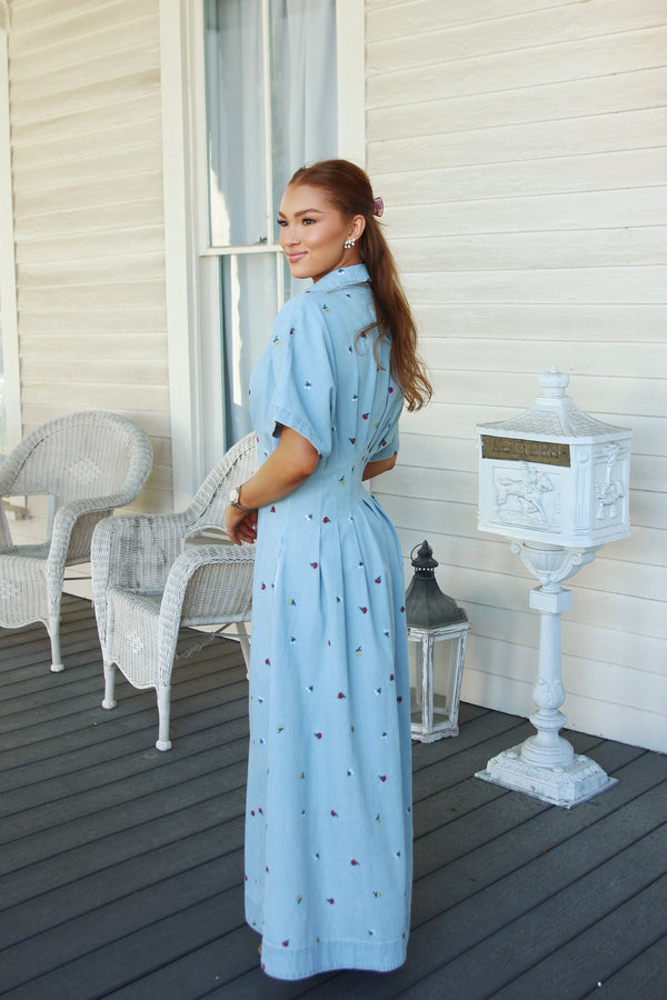 Denim Floral Embroidered Maxi Dress