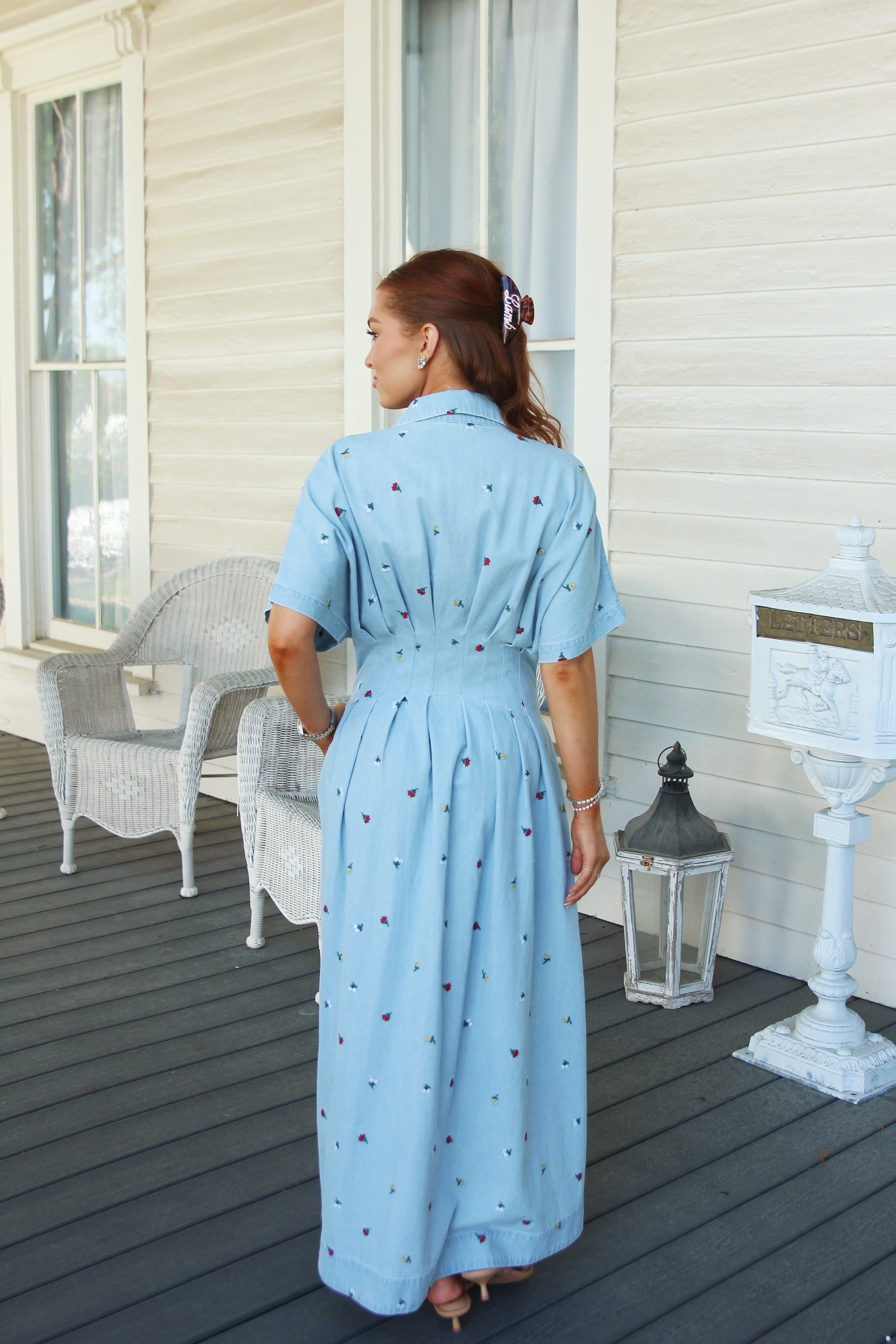 Denim Floral Embroidered Maxi Dress