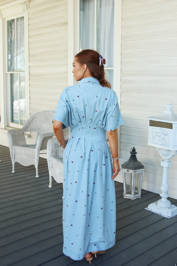 Denim Floral Embroidered Maxi Dress